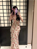 Niulatu Sheath Spaghetti Straps Pink Floral Chiffon Prom Dresses Ruffles Evening Dress HZ1110