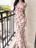 Niulatu Sheath Spaghetti Straps Pink Floral Chiffon Prom Dresses Ruffles Evening Dress HZ1110