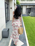 Niulatu Sheath Spaghetti Straps Pink Floral Chiffon Prom Dresses Ruffles Evening Dress HZ1110