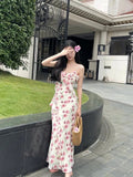 Niulatu Sheath Spaghetti Straps Pink Floral Chiffon Prom Dresses Ruffles Evening Dress HZ1110
