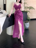 Niulatu Sheath Spaghetti Straps Lace Prom Dresses Ruffles Slit Evening Dress HZ1110