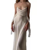 Niulatu A Line Spaghetti Straps White Prom Dresses Ruffles Backless Evening Dress HZ1110