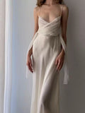 Niulatu A Line Spaghetti Straps White Prom Dresses Ruffles Backless Evening Dress HZ1110