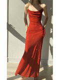 Niulatu Sheath Spaghetti Straps Red Sequin Prom Dresses Ruffles Evening Dress HZ1110