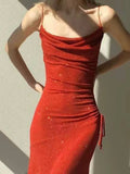 Niulatu Sheath Spaghetti Straps Red Sequin Prom Dresses Ruffles Evening Dress HZ1110