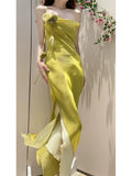 Niulatu Sheath Spaghetti Straps Green Long Prom Dresses Evening Dress With Flowers HZ1110