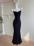 Niulatu Sheath Spaghetti Straps Black Long Prom Dresses Evening Dress With Ruffles HZ1110