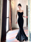 Niulatu Sheath Spaghetti Straps Black Long Prom Dresses Evening Dress With Ruffles HZ1110