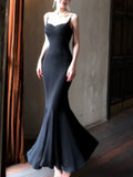 Niulatu Sheath Spaghetti Straps Black Long Prom Dresses Evening Dress With Ruffles HZ1110
