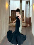 Niulatu Sheath Spaghetti Straps Black Long Prom Dresses Evening Dress With Ruffles HZ1110