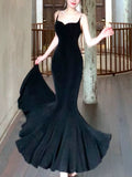 Niulatu Sheath Spaghetti Straps Black Long Prom Dresses Evening Dress With Ruffles HZ1110