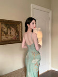 Niulatu Sheath Spaghetti Straps Green Floral Long Prom Dresses Backless Evening Dress HZ1110
