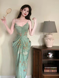 Niulatu Sheath Spaghetti Straps Green Floral Long Prom Dresses Backless Evening Dress HZ1110