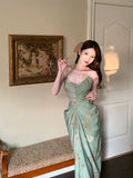 Niulatu Sheath Spaghetti Straps Green Floral Long Prom Dresses Backless Evening Dress HZ1110