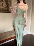 Niulatu Sheath Spaghetti Straps Green Floral Long Prom Dresses Backless Evening Dress HZ1110