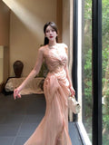 Niulatu Sheath Spaghetti Straps Pink Prom Dresses Slit Evening Dress With Lace HZ1110