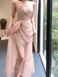 Niulatu Sheath Spaghetti Straps Pink Prom Dresses Slit Evening Dress With Lace HZ1110