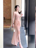 Niulatu Sheath Spaghetti Straps Pink Prom Dresses Slit Evening Dress With Lace HZ1110