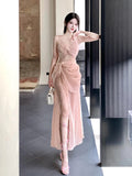 Niulatu Sheath Spaghetti Straps Pink Prom Dresses Slit Evening Dress With Lace HZ1110