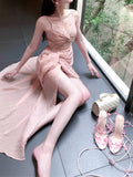 Niulatu Sheath Spaghetti Straps Pink Prom Dresses Slit Evening Dress With Lace HZ1110