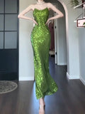 Niulatu Sheath Spaghetti Straps Green Sequin Prom Dresses Sexy Evening Dress HZ1110