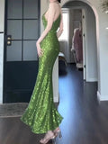Niulatu Sheath Spaghetti Straps Green Sequin Prom Dresses Sexy Evening Dress HZ1110