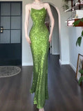 Niulatu Sheath Spaghetti Straps Green Sequin Prom Dresses Sexy Evening Dress HZ1110