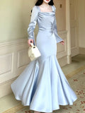 Niulatu Mermaid Square Neckline Light Sky Blue Silk Satin Prom Dresses Sexy Evening Dress HZ1110