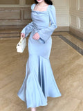 Niulatu Mermaid Square Neckline Light Sky Blue Silk Satin Prom Dresses Sexy Evening Dress HZ1110