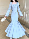 Niulatu Mermaid Square Neckline Light Sky Blue Silk Satin Prom Dresses Sexy Evening Dress HZ1110
