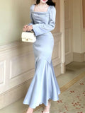 Niulatu Mermaid Square Neckline Light Sky Blue Silk Satin Prom Dresses Sexy Evening Dress HZ1110