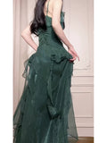 Niulatu A Line Spaghetti Straps Green Long Chiffon Prom Dresses Sexy Evening Dress HZ1110