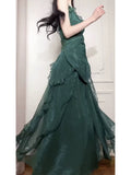 Niulatu A Line Spaghetti Straps Green Long Chiffon Prom Dresses Sexy Evening Dress HZ1110