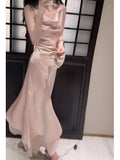 Niulatu A Line Spaghetti Straps Silk Satin Pink Prom Dresses Sexy Evening Dress HZ1110