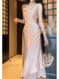 Niulatu A Line Spaghetti Straps Silk Satin Pink Prom Dresses Sexy Evening Dress HZ1110