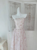 Niulatu A Line Strapless Floral Pink Chiffon Prom Dresses Sexy Evening Dress HZ1110