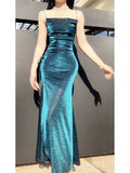 Niulatu Sheath Spaghetti Straps Blue Sequin Long Prom Dresses Sexy Evening Dress HZ1110