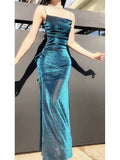 Niulatu Sheath Spaghetti Straps Blue Sequin Long Prom Dresses Sexy Evening Dress HZ1110