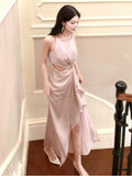 Niulatu High Low Scoop Neckline Pink Silk Satin Prom Dresses Sexy Evening Dress HZ1110