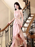Niulatu High Low Scoop Neckline Pink Silk Satin Prom Dresses Sexy Evening Dress HZ1110