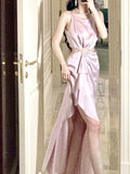 Niulatu High Low Scoop Neckline Pink Silk Satin Prom Dresses Sexy Evening Dress HZ1110