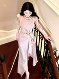 Niulatu High Low Scoop Neckline Pink Silk Satin Prom Dresses Sexy Evening Dress HZ1110