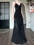 Niulatu Sheath Spaghetti Straps Black Silk Satin Prom Dresses Sexy Evening Dress HZ1110