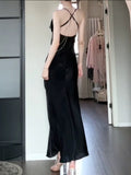 Niulatu Sheath Spaghetti Straps Black Silk Satin Prom Dresses Sexy Evening Dress HZ1110