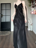 Niulatu Sheath Spaghetti Straps Black Silk Satin Prom Dresses Sexy Evening Dress HZ1110