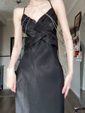 Niulatu Sheath Spaghetti Straps Black Silk Satin Prom Dresses Sexy Evening Dress HZ1110