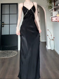 Niulatu Sheath Spaghetti Straps Black Silk Satin Prom Dresses Sexy Evening Dress HZ1110