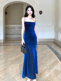 Niulatu Sheath Straps Floor Length Royal Blue Slit Prom Dresses Simple Evening Dress HZ1110