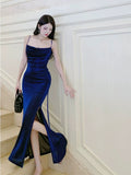 Niulatu Sheath Straps Floor Length Royal Blue Slit Prom Dresses Simple Evening Dress HZ1110