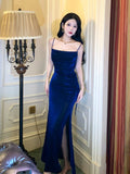 Niulatu Sheath Straps Floor Length Royal Blue Slit Prom Dresses Simple Evening Dress HZ1110